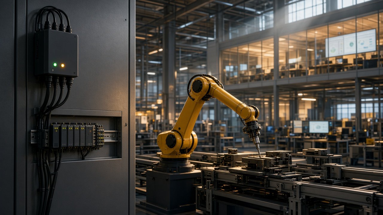 Manufacturing floor with robotic automation and plant-adjacent sensor equipment