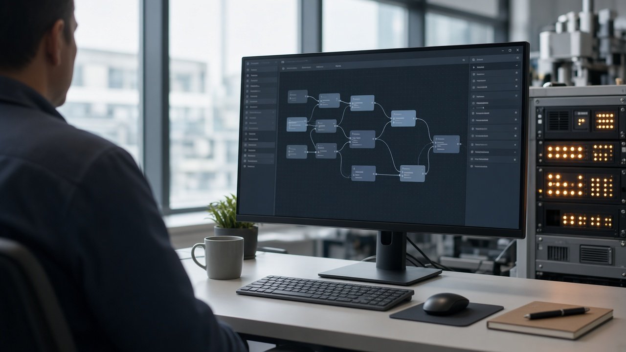 Operations engineer reviewing a multi-step workflow canvas at an industrial control desk