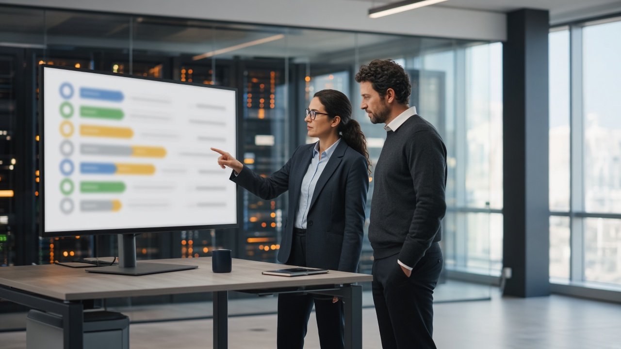 Engineers reviewing a staged release checklist in a bright operations room