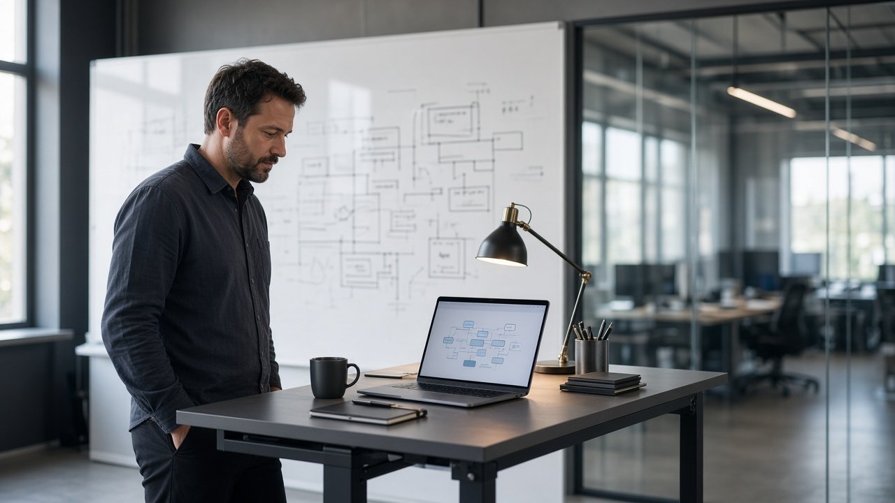 Engineer reviewing integration architecture on whiteboard and laptop in bright workshop light