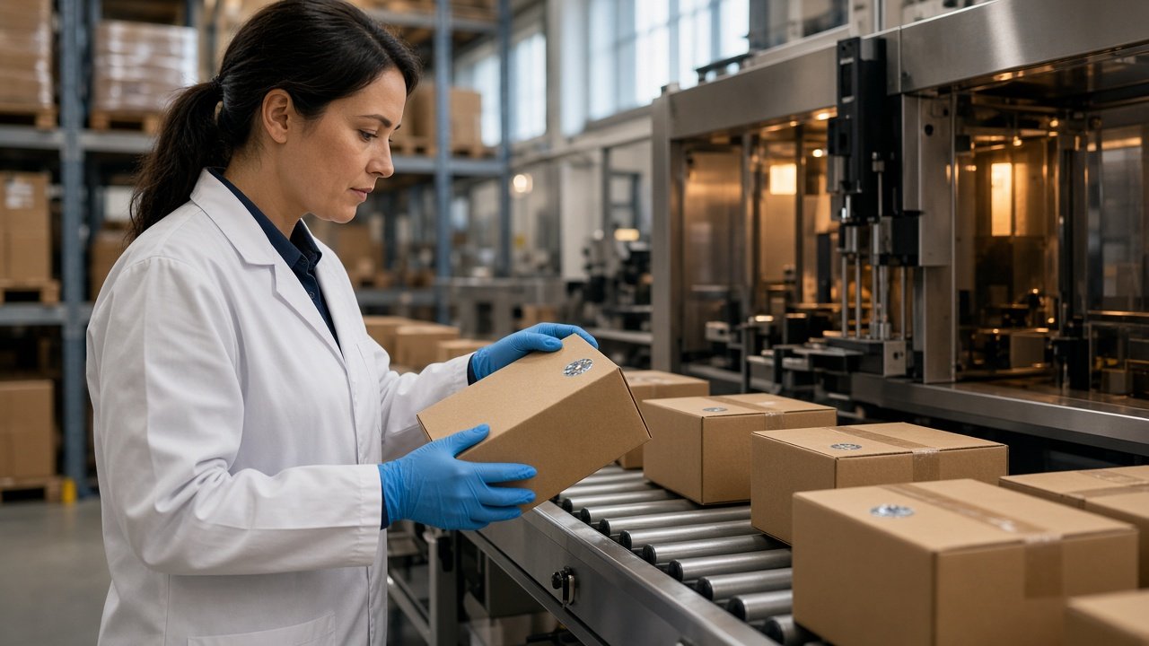 Quality engineer inspecting sealed cartons with discrete security labels on a bright packing line